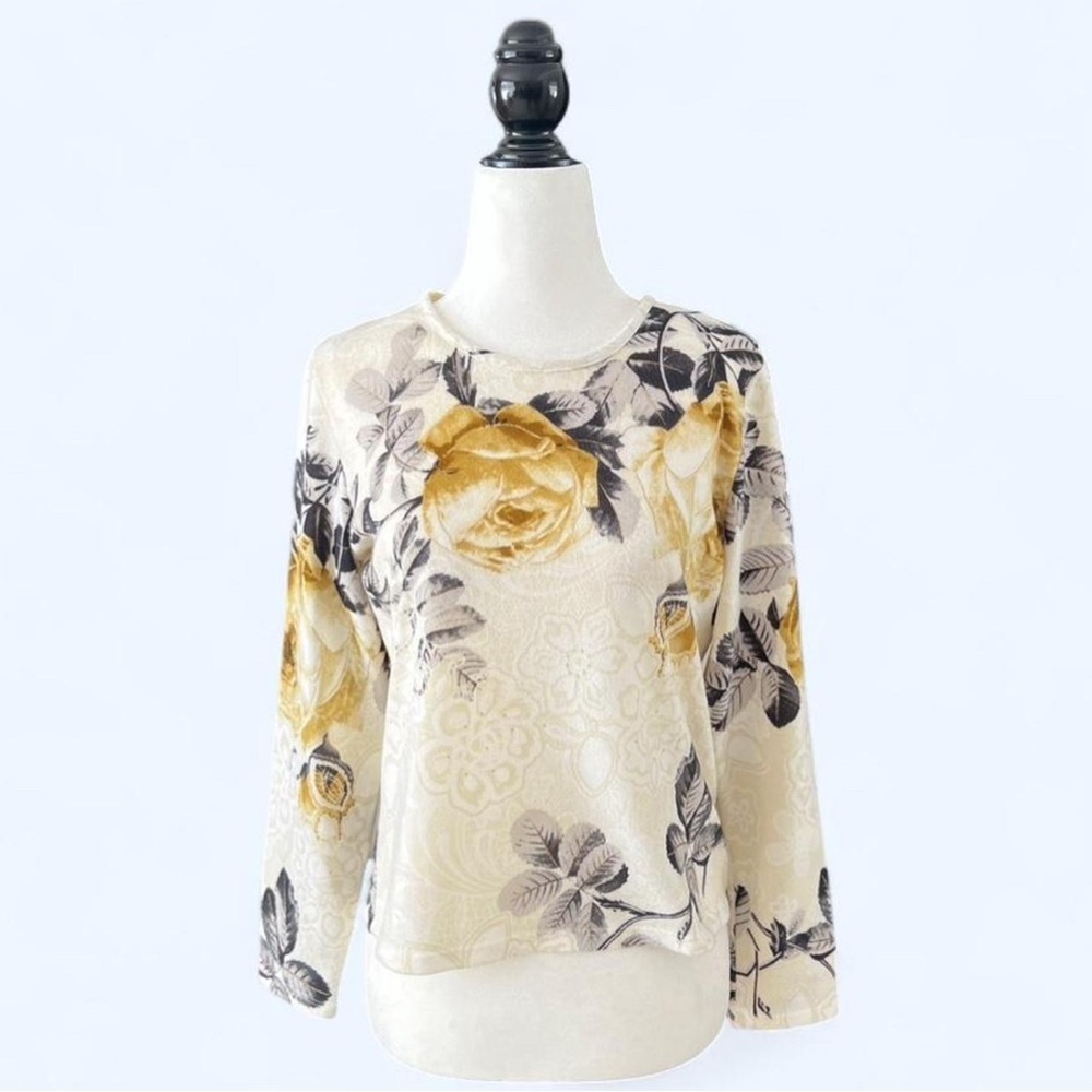 Yellow & Cream Floral Rose Print Long Sleeve Shirt Fairy Romantic Boho Medium